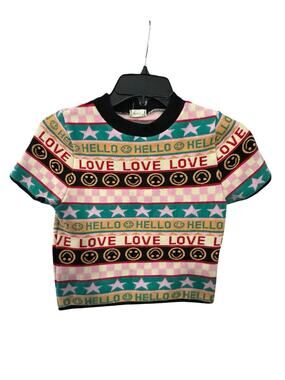 Debut Cropped Short Sleeve Sweater Small Smiley Face Love Stars Vintage Look